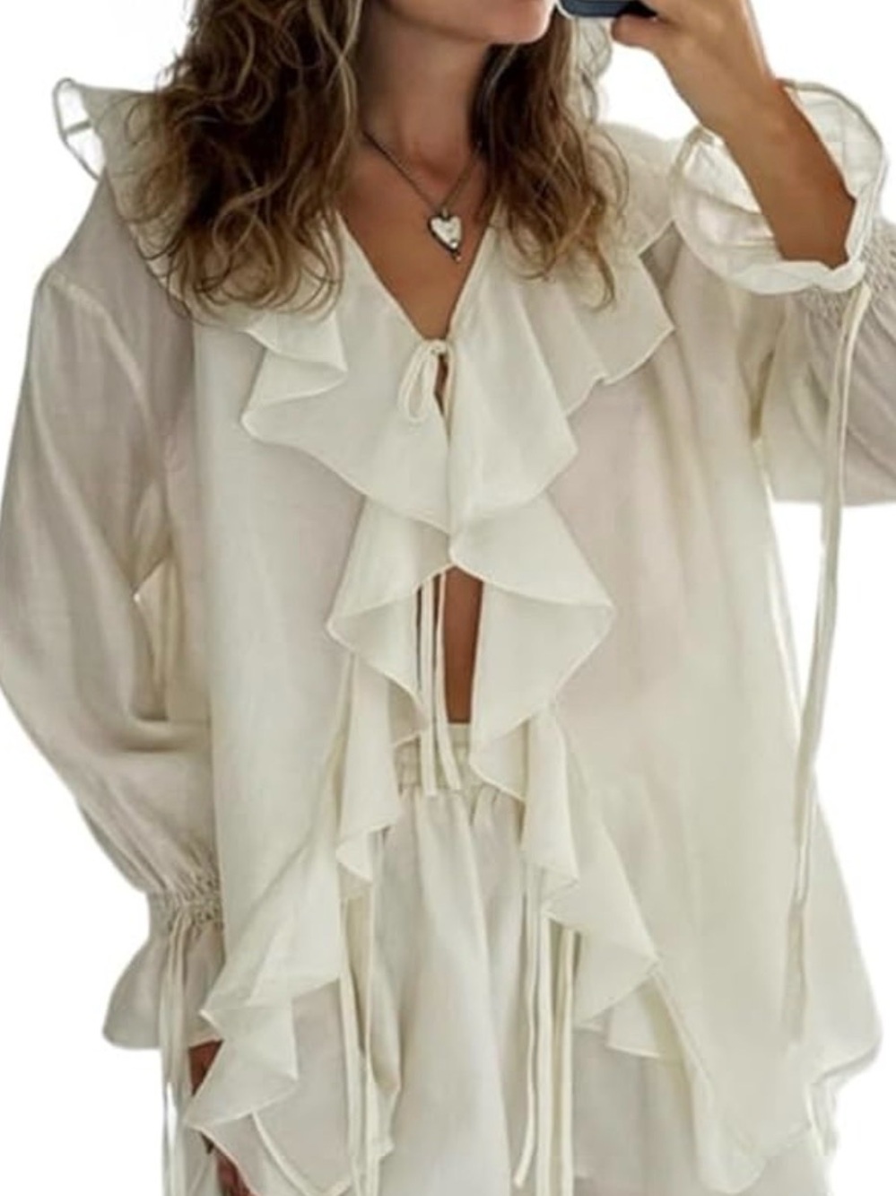 Amazon Cream Ruffle Front Tie Blouse - Picture 2 of 4